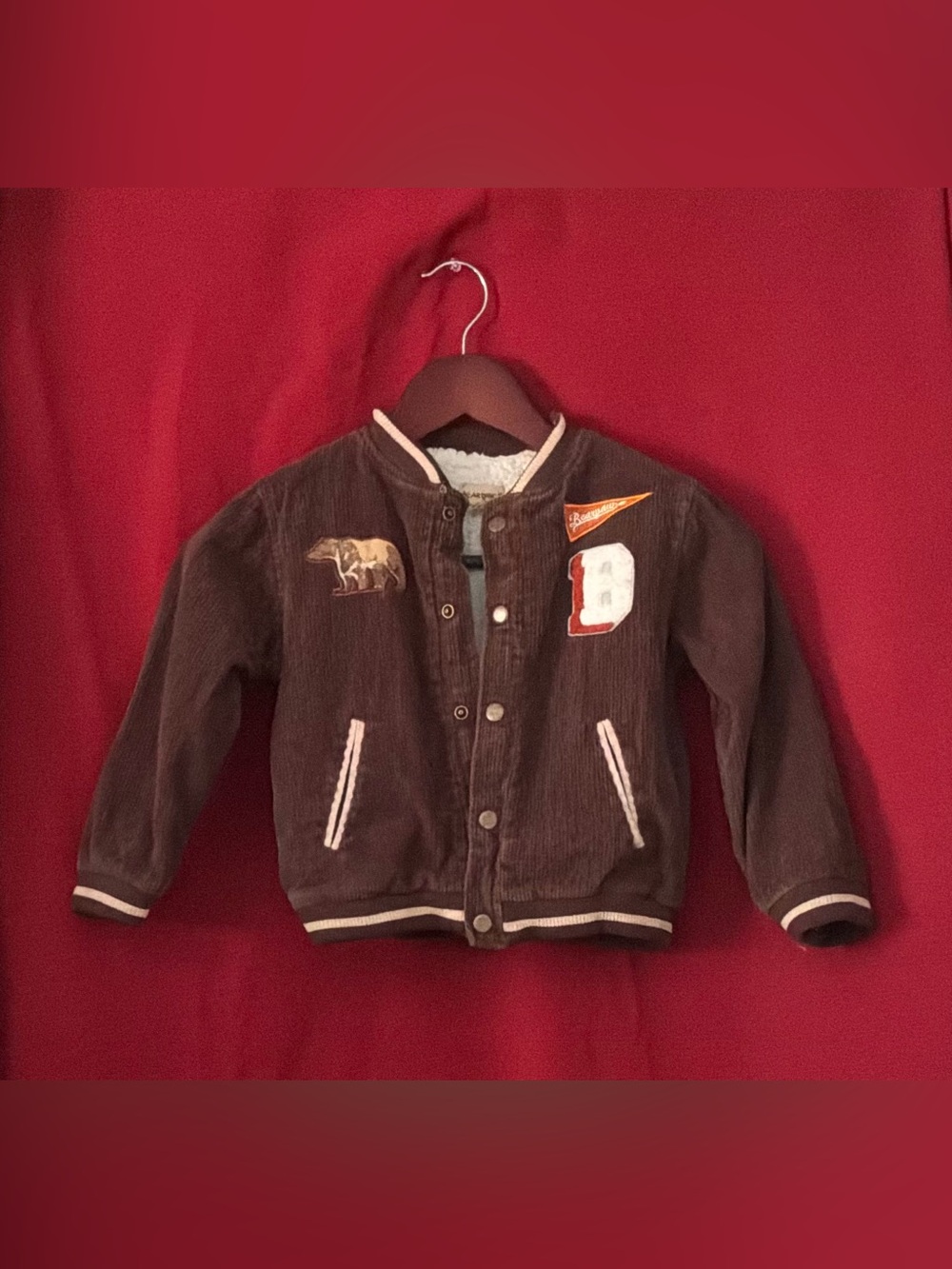 BearPaw Kids Brown Corduroy Varsity Jacket with Patches
